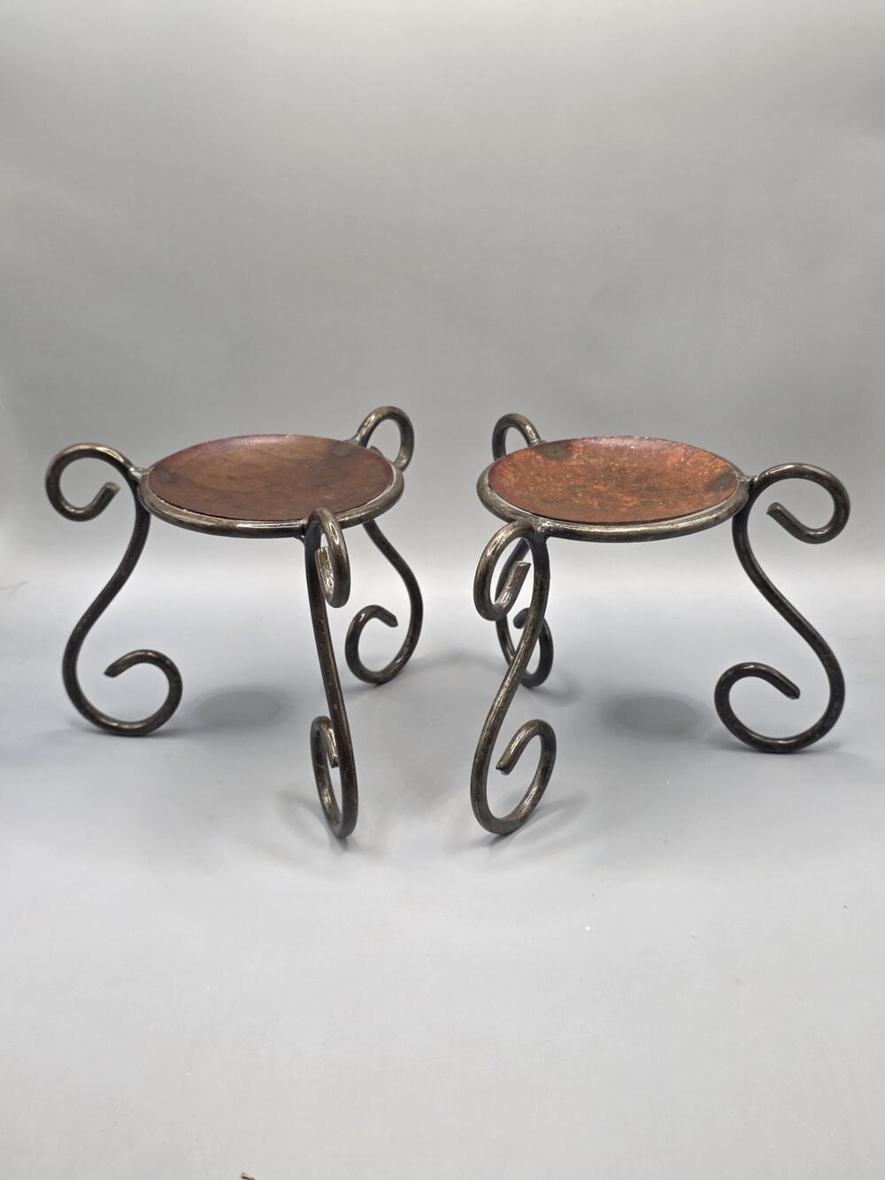 Vintage Mexican Copper Iron Pillar Candle Holders Pair Hecho en Mexico Scroll